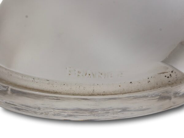 Close up of the Rene Lalique Longchamp B Car Mascot France signature