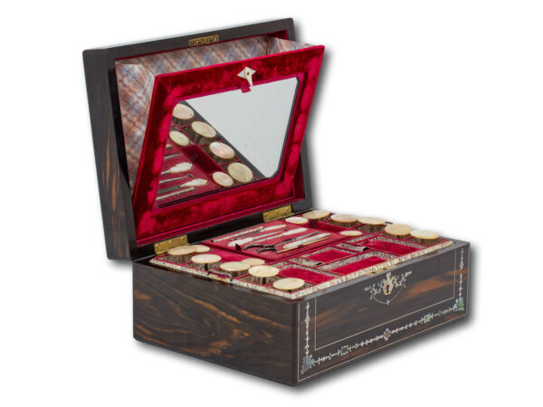 Coromandel and Mother of Pearl Mechi Sewing Box with the lid open and the mirror dropped down