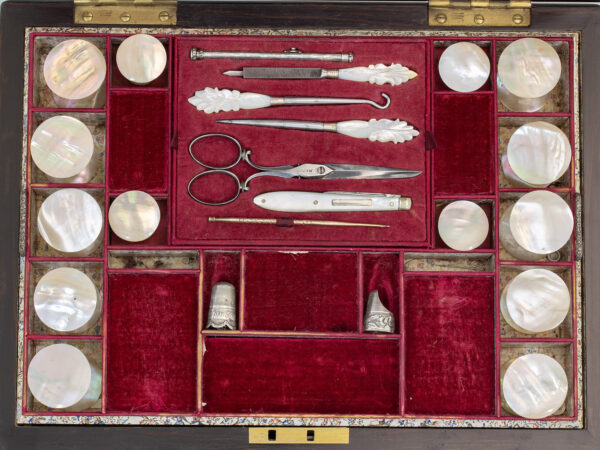 Close up of the top sewing tools and accessories tray