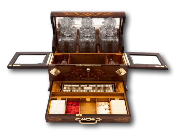 Front overview of the Humidor Games Box Compendium with the doors open and the games box drawer open