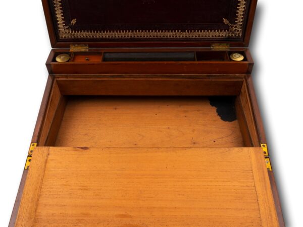 Front overview of the Mahogany Writing Box showing the upper storage compartment