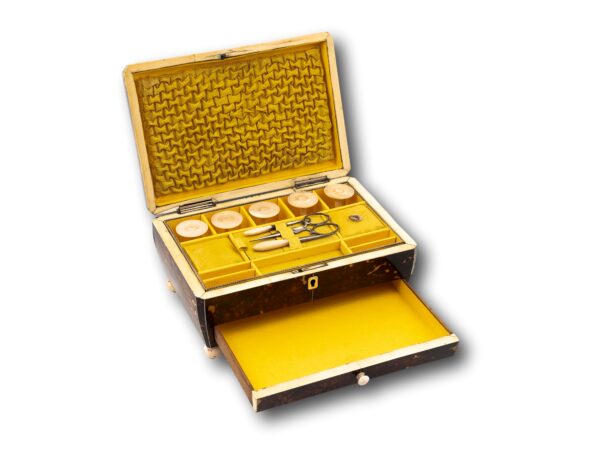 Regency Tortoiseshell Sewing Box with the lid up and bottom tray open