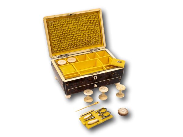Regency Tortoiseshell Sewing Box with various tools removed