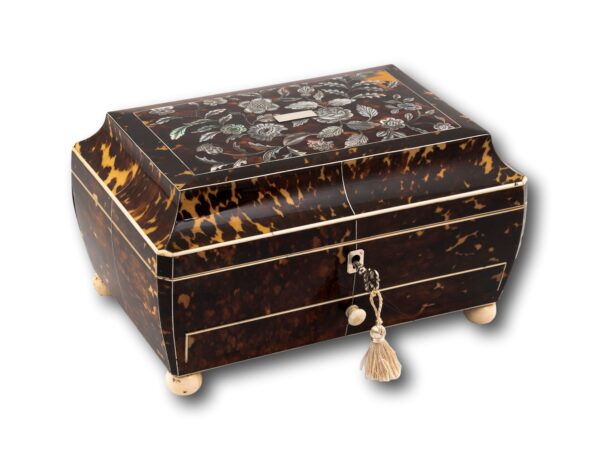 Overview of the Regency Tortoiseshell Sewing Box with the key inserted