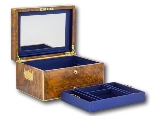 Overview of the Burr Walnut Jewellery box by Asprey of London with the lid up and the top tray removed