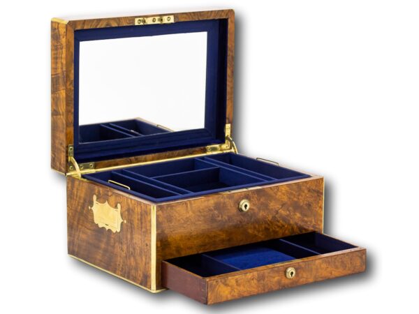 Overview of the Burr Walnut Jewellery box by Asprey of London with the lid up and the drawer open