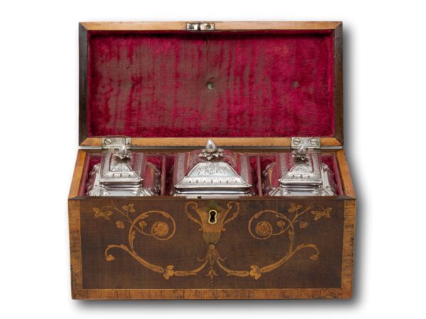 Overview of the George II Harewood Inlaid Tea Chest with the lid up showing the three silver tea caddies by Pierre Gillois