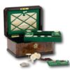 Overview of the Hausburg Sewing Box with the lid up and the tray removed and various tools