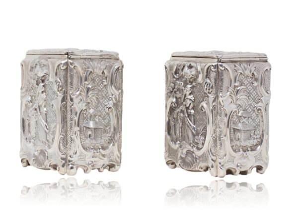 Side Overview of the Victorian Sterling silver tea caddies by Joseph Angell I & Joseph Angell II.