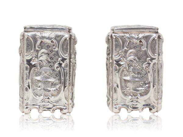 Side of the Victorian Sterling silver tea caddies by Joseph Angell I & Joseph Angell II.