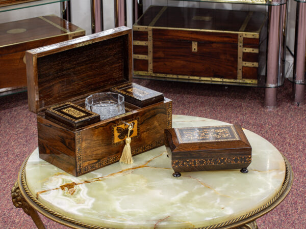 Overview of the Victorian Tunbridge Ware Tea Chest in a decorative setting