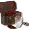Overview of the painted tea caddy with the tea caddy lids removed and sugar bowl removed