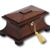 Overview of the mahogany tea caddy with the key fitted