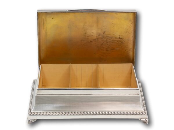 Overview of the sterling silver cigar box with the lid up