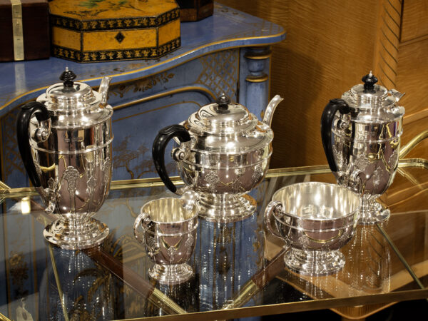 Overview of the Sterling Silver Tea Set in a collectors setting