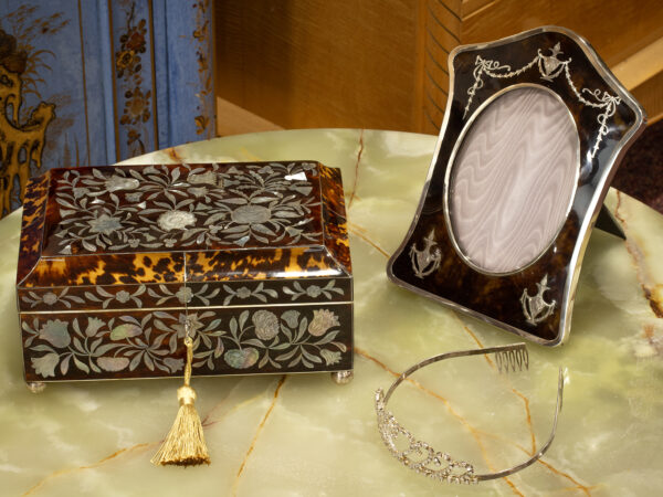 Overview of the Regency Tortoiseshell and Mother of Pearl Jewellery Box in a decorative collectors setting