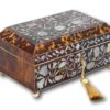 Overview of the Regency Tortoiseshell and Mother of Pearl Jewellery Box with the key fitted