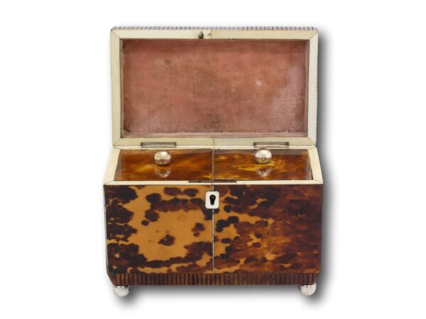 Front of the Regency Tortoiseshell Tea Caddy with the lid up