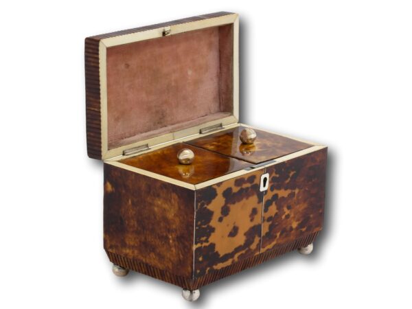 Front overview of the Regency Tortoiseshell Tea Caddy with the lid up