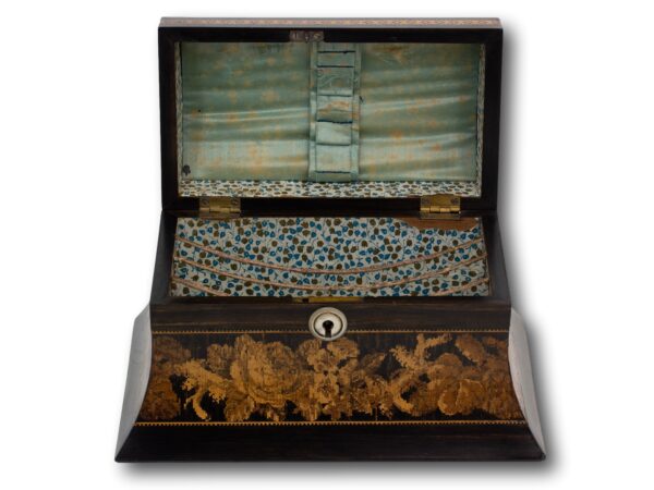 overview of the Tunbridge Ware Stationary Box with the lid up