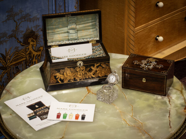 Overview of the Tunbridge Ware Stationary Box in a decorative setting