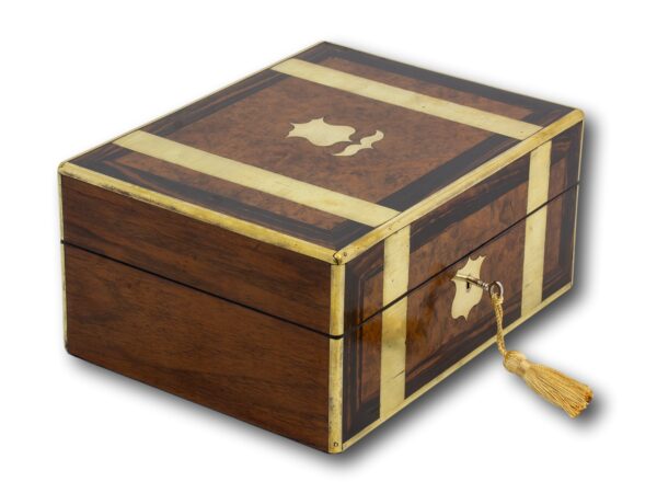 Front overview of the Antique Victorian Walnut & Coromandel Jewellery Box with the key fitted