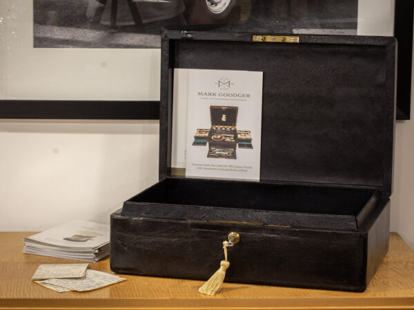 Overview of the Black Leather Dispatch Box in a decorative collectors setting