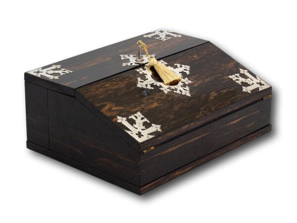 Front overview of the Coromandel & Silver Writing Box by Betjemann with the key fitted