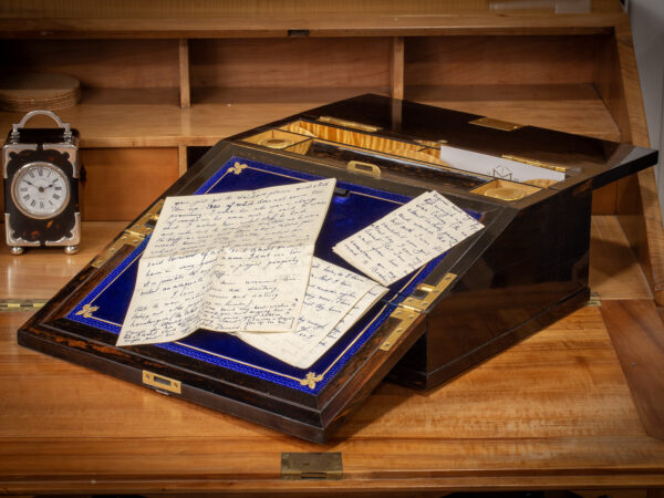 Overview of the Coromandel & Silver Writing Box by Betjemann in a decorative collectors setting