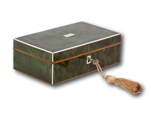 Front overview of the Green Tortoiseshell Work Box with the key fitted