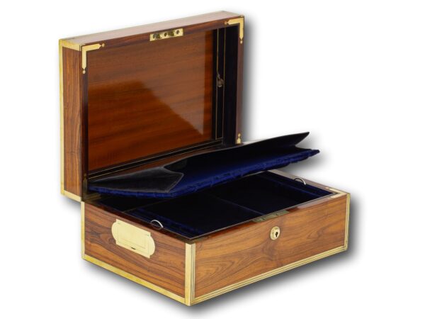 Front overview of the Antique Kingwood Jewellery Box by Lund with the lid up and document storage open