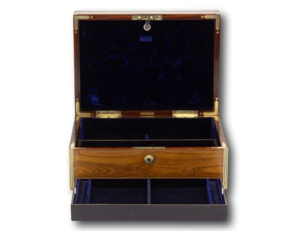 Front overview of the Antique Kingwood Jewellery Box by Lund with the lid up and jewellery tray removed