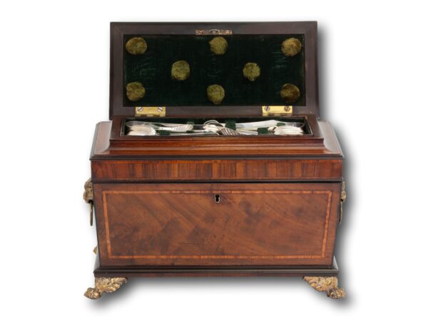 Front overview of the Regency Tea Chest showing the secret compartment spoon section