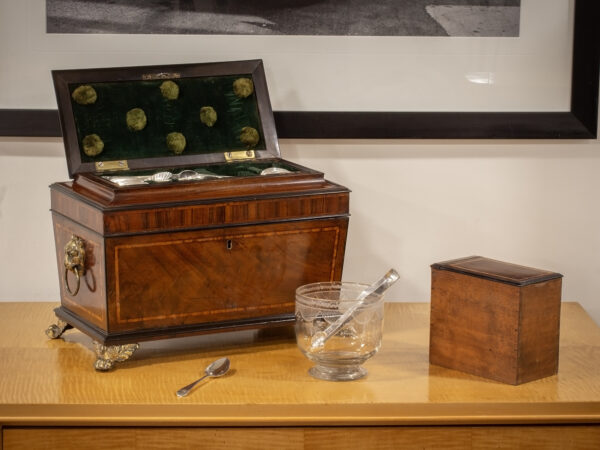 Front overview of the Regency Tea Chest in a decorative collectors setting