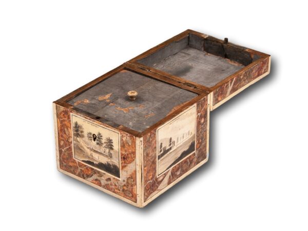 Front overview of the Antique Belgian Spa Tea Caddy with the lid up