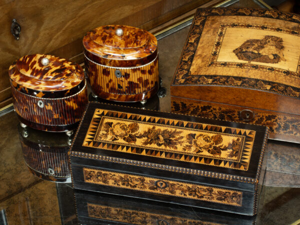 Overview of the Antique Tunbridge Ware Box in a collectors decorative setting