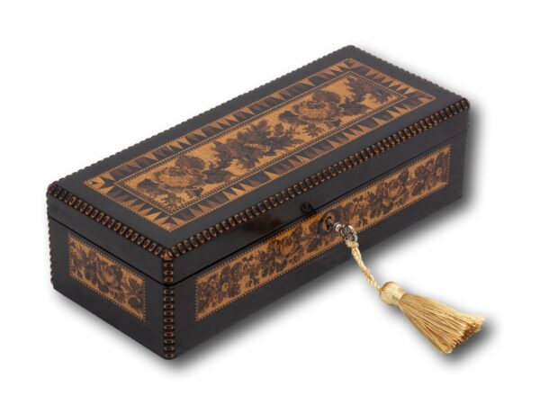 Front overview of the Antique Tunbridge Ware Box with the key fitted