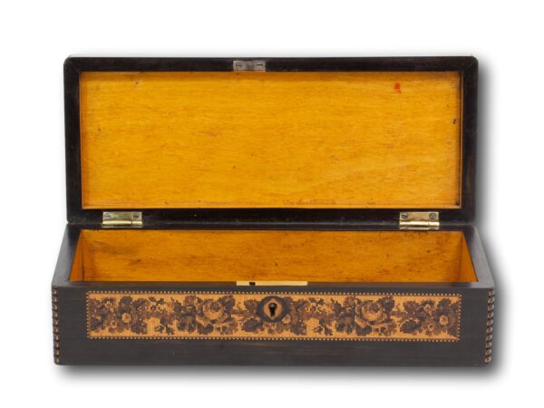 Front of the Antique Tunbridge Ware Box with the lid up showing the satinwood lining