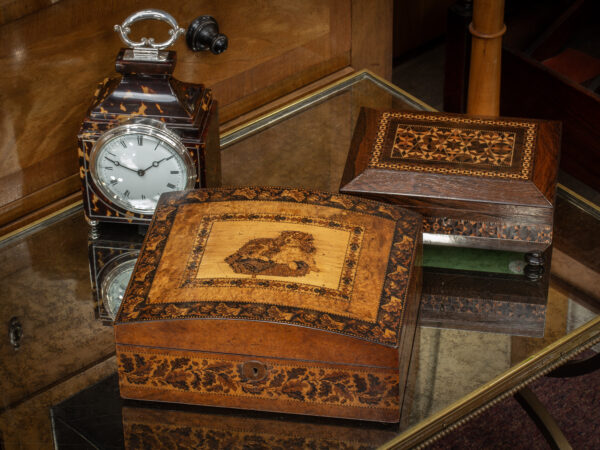Overview of the Antique Amboyna Tunbridge Ware Dog Box in a decorative collectors setting