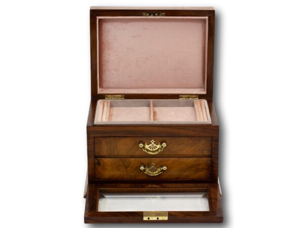 Front of the Victorian Walnut Jewellery Box with the lid up and front dropped down