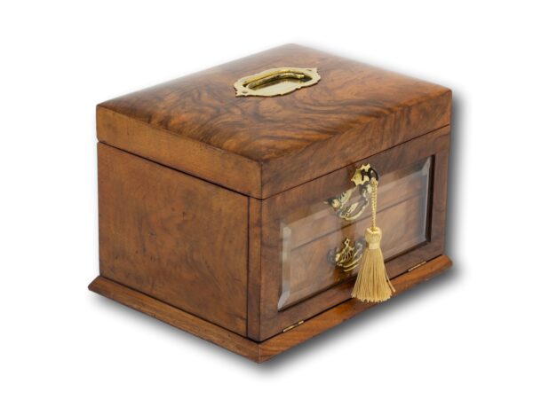 Front overview of the Victorian Walnut Jewellery Box with the key fitted