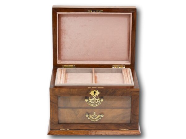 Front of the Victorian Walnut Jewellery Box with the lid up