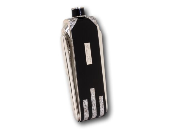 Front overview of the Napier Art Deco Sterling Silver and Enamel Flask