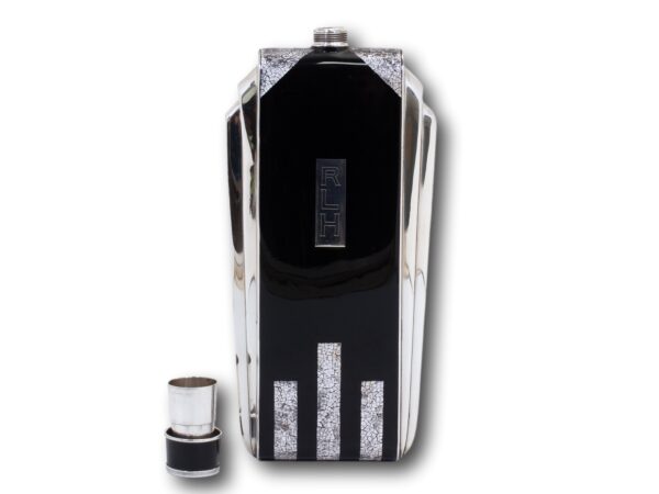 Front overview of the Napier Art Deco Sterling Silver and Enamel Flask with the lid removed
