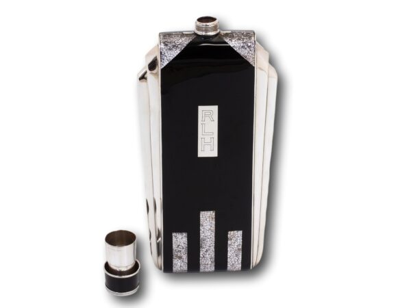 Front overview of the Napier Art Deco Sterling Silver and Enamel Flask with the lid removed