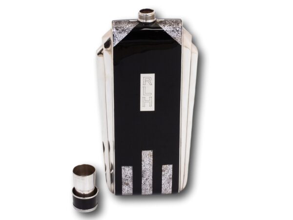 Front overview of the Napier Art Deco Sterling Silver and Enamel Flask with the lid removed
