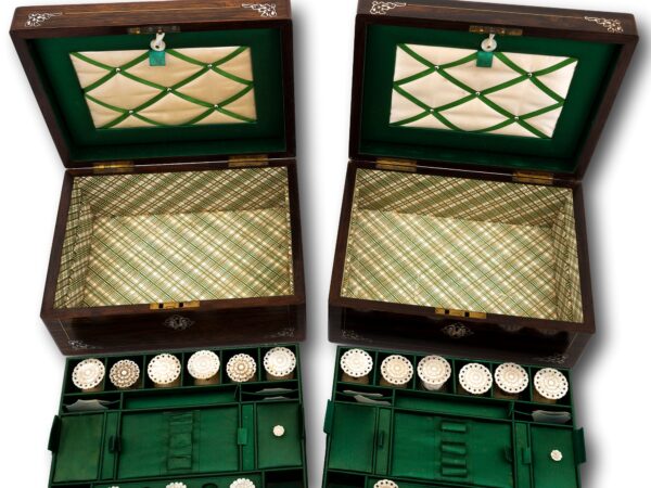 Interior overview of the Mirror pair of Mahogany Sewing Boxes with the trays removed