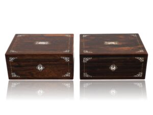 Front overview of the Mirror pair of Mahogany Sewing Boxes