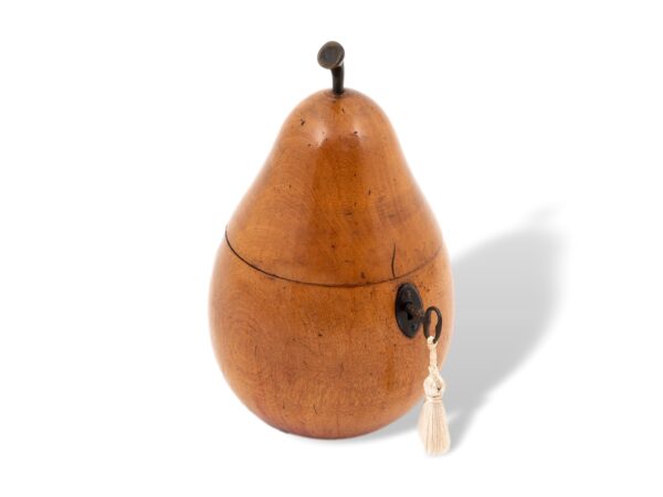 Front overview of the Georgian Pear Tea Caddy with the key fitted