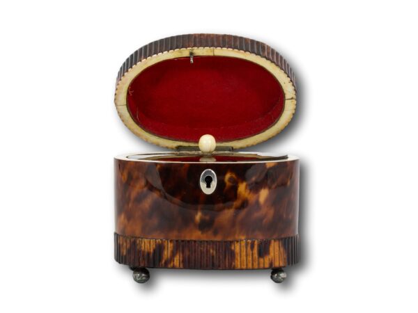 Front overview of the Regency Oval Tortoiseshell Tea Caddy with the lid up
